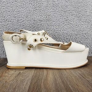 Prada Milano Platform Wedge Women's‎ EU 38 Sandals Gold Studded Strappy White